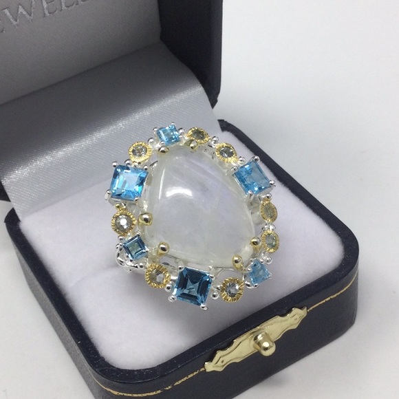 Genuine Moonstone & Emerald Cut Topaz Ring - Picture 4 of 8